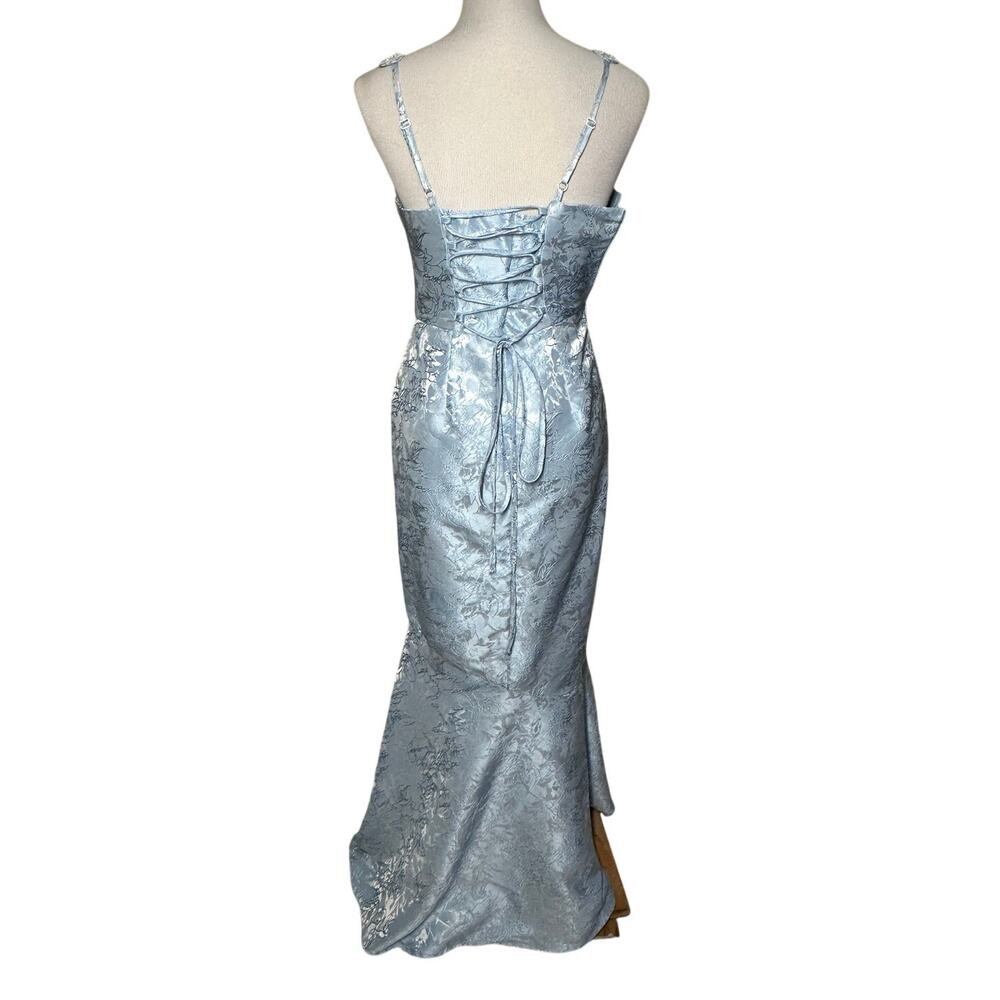 Blue Jacquard Sequin Corset Back Removable Bow Dress Long Gown Sz S - Picture 6 of 16